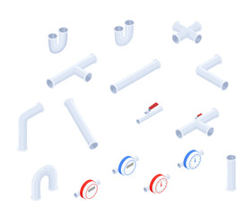 Vector isometric set of plumbing pipes and other elements isolated on white.Isometric illustration.