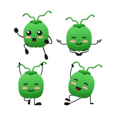 vector illustration of cute coconut fruit yoga meditation theme bundle set. cute coconut fruit Concept White Isolated. Flat Cartoon Style Suitable for Landing Page, Banner, flyer, Sticker.