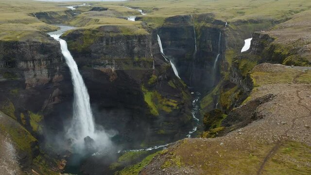 Haifoss waterfall in Iceland, Aerial view. Natural wonder Landmannalaugar canyon.