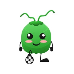 vector illustration of cute coconut fruit sport or character play football. cute coconut fruit Concept White Isolated. Flat Cartoon Style Suitable for Landing Page, Banner, Flyer, Sticker.