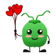 vector illustration of cute coconut fruit valentine or character holding love balloon. cute coconut fruit Concept White Isolated. Flat Cartoon Style Suitable for Landing Page, Banner, Flyer, Sticker.