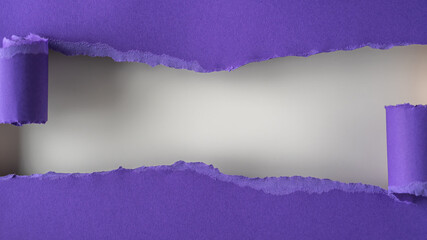 Lilac paper is torn over white background for message. Template for your text.