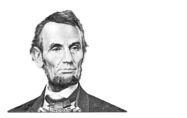 Abraham Lincoln cut on new 5 dollar banknote isolated - obrazy, fototapety, plakaty