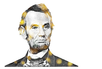 golden textured Abraham Lincoln cut on new 5 dollar banknote isolated
