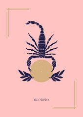 Zodiac sign Scorpio in boho style on the pink background. Trendy vector illustration.