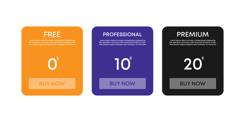 Templates of price tables for web sites. Site subscription free, pro or premium