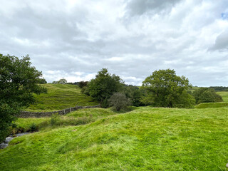 Rural scene, with old trees, hills, and a stream near, Bradford, Yorkshire, UK