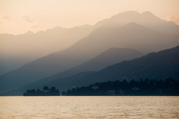 Sunset on Lake Maggiore in italy with the Alps in the background