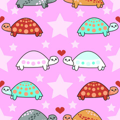 Pattern with cute turtles in love. Colorful turtles congratulate each other on valentine's day. Pattern in gentle pastel colors creates a holiday mood.