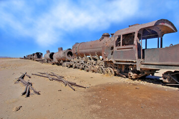 The train cemetery, Salar de Uyuni or salt desert of Uyuni, Bolivia, South America