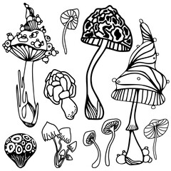 Set of stylized magic psychedelic mushrooms. Coloring page hallucinogenic, cosmic, fantazy mushrooms. Black and white isolated vector illustration.