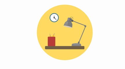 Vector Isolated Illustration of a Work Desk, with a desk lamp, pencils and a clock