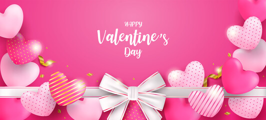 Happy Valentine day background. Design with pink, gold heart  and gold foil confetti on pink background. Vector.