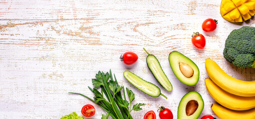 Healthy vegetables and fruits  background.