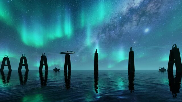 Glass tube hyperloop Modern train concept Ecological future Futuristic network aurora sea 4k