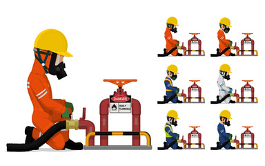 Set of worker is releasing some chemical into the pipe