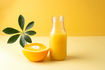 A bottle of fresh orange juice and a half of an orange on a yellow background.