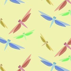 Abstract vector seamless red, green, yellow and blue dragonflies on yellow background