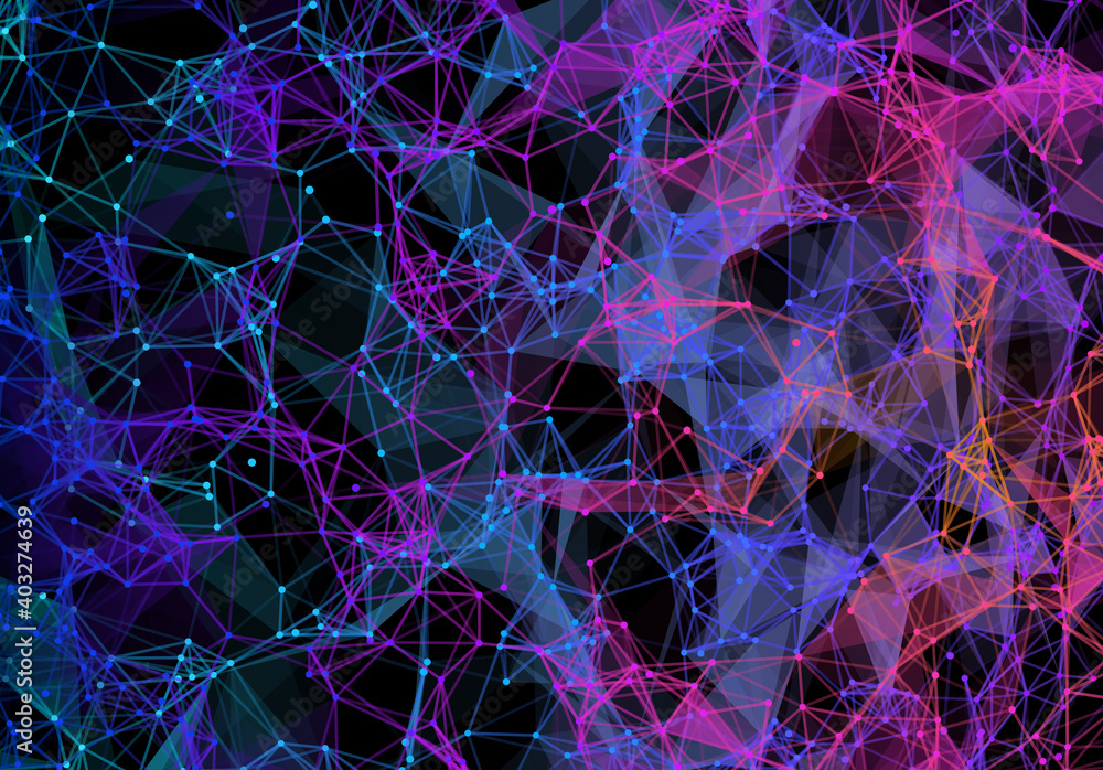 Poster blue and purple vibrant triangular grid in futuristic technology style on dark background