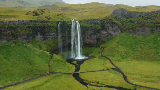 Aerial Drone footage of Iceland's impressive Selijalandfoss waterfall.