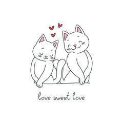 Love Sweet Love. Black and white illustration of cute hugging cats on a white background. Vector 10 EPS.