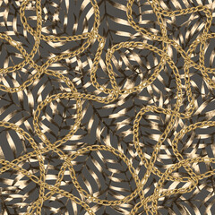Abstract seamless pattern with golden chains and tropical leaves. Hand drawn background