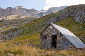 Fototapeta na wymiar Small, Stone Alpine Refuge in the Oisans, Department Isère, Region of the Auvergne-Rhone-Alpes, France