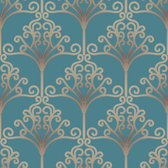 Seamless floral damask pattern in vector. Blue background and brown ornament color, fabric, wallpaper