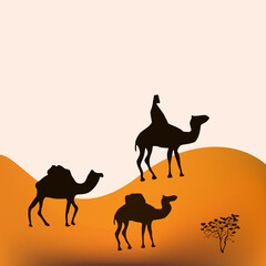 Caravan, camels, driver, desert, barkhan, sequoia - art, abstract, illustration - vector. Travel. Tourism