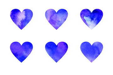 Set of vector blue watercolor hearts. Valentine's Day.