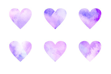 Set of vector violet watercolor hearts. Valentine's Day.