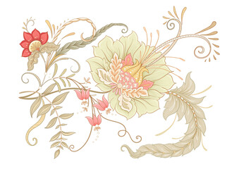 Fantasy flowers in retro, vintage, jacobean embroidery style. Embroidery imitation isolated on white background. Vector illustration.