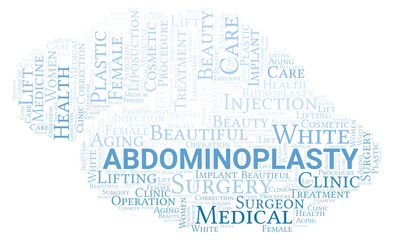 Abdominoplasty typography word cloud create with the text only. Type of plastic surgery