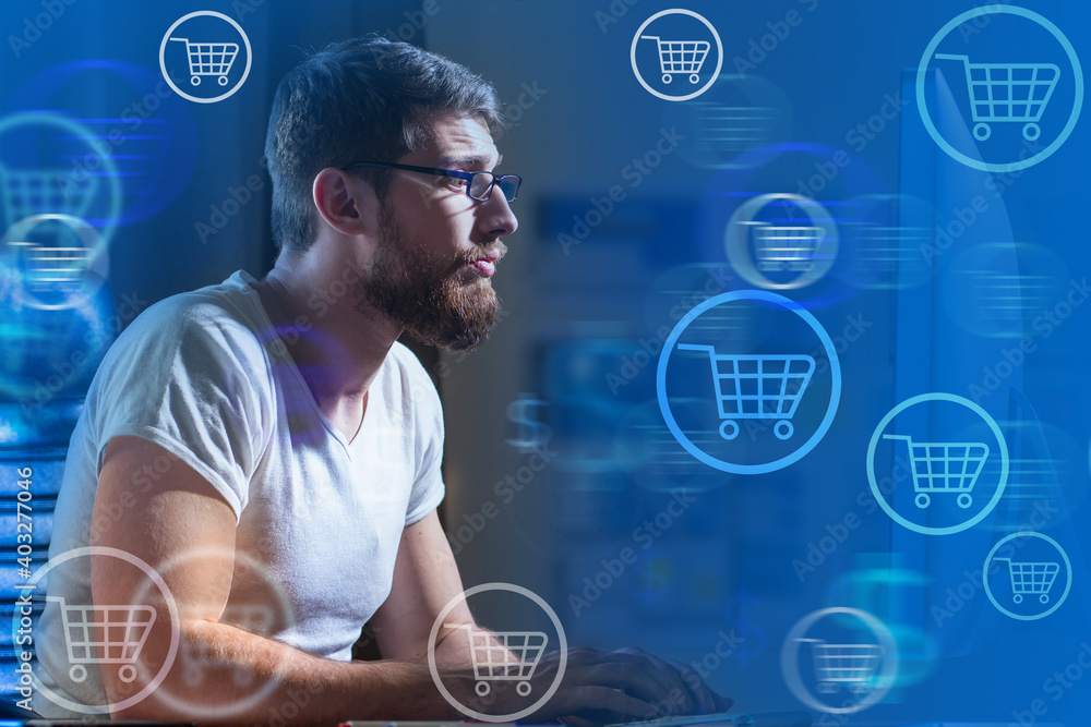 Poster mobile app for an online store. a man is developing an app for online purchases and payments. develo