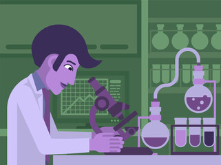 A scientist working in a scientific laboratory with microscope and other science lab equipment