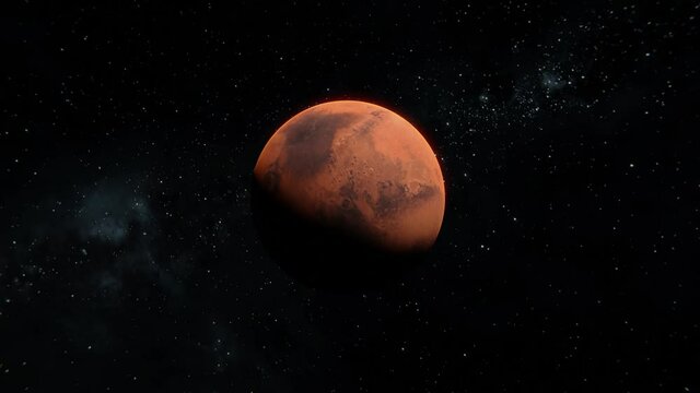 Tracking in shot of Mars flying trough the space with stars on the background. Zoom in 3d 4k visualisation of Mars red planet 