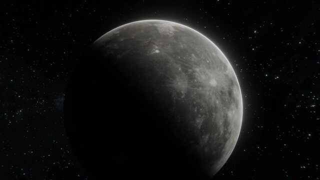 Fast passing by the Moon in open space epic shot. Flying close to the Moon view in realistic 3d visualisation 4k