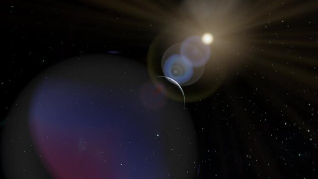 Dynamic shot flying by the Earth in open space with sun flare in the lens. Earth illuminated by the Sun epic view