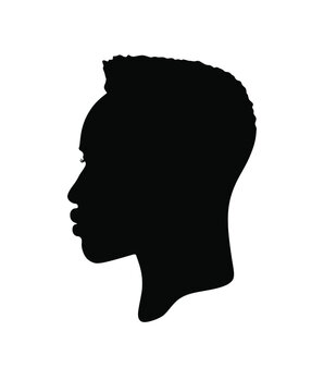 Black African Afro American male portrait face vector silhouette of a hairstyle with curly hair. Stencil drawing of a human man head profile isolated on white .Vinyl wall sticker decal .Print. Cameo