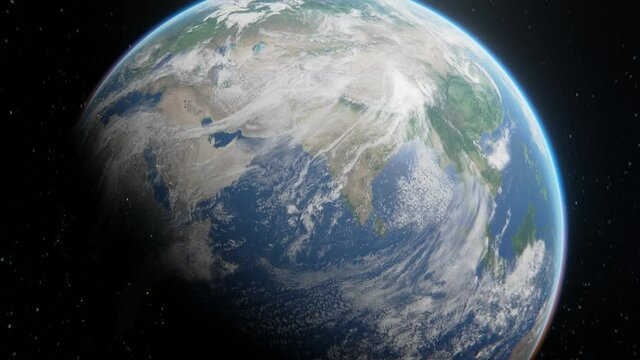 Moon on earth orbit. Epic view on Earth from space over stars. 3d digital art in 4k footage