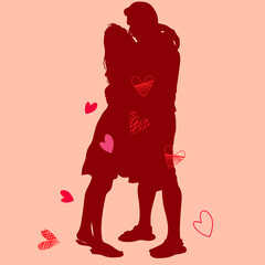 Vector postcard Valentine's Day, with a place for text, silhouettes of a couple in love, a guy and a girl are hugging each other, the contours of hearts, a symbol of love.