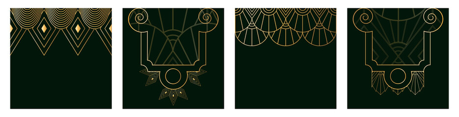 pattern along the contour of the frame in the Art Deco style of fashionable gold and muted green tones. The art line is ideal for printing textiles, packaging, invitations, backgrounds. EPS10