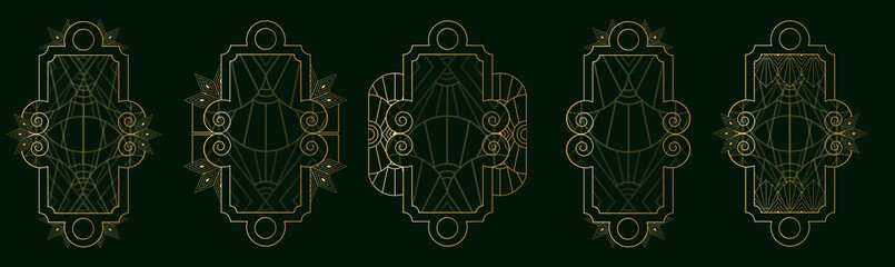 pattern along the contour of the frame in the Art Deco style of fashionable gold and muted green tones. The art line is ideal for printing textiles, packaging, invitations, backgrounds. EPS10