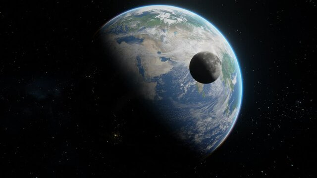 Moon flying on earth orbit in space. Earth planet spinning around axis over stars background
