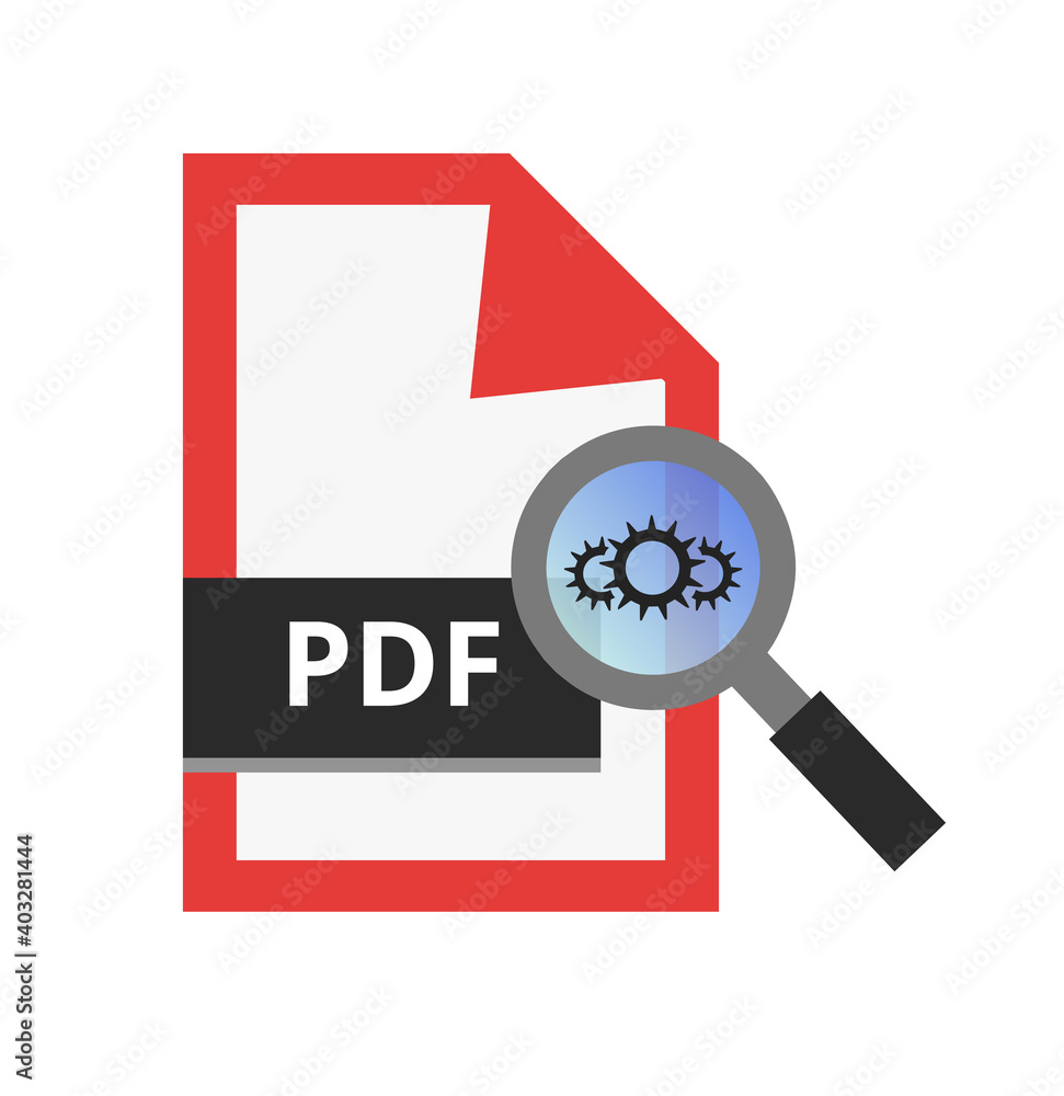 Poster vector illustration of pdf preflight check or correction. pdf with magnifying glass and three gears.