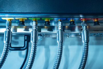 Close-up of metal plugs and connectors. Connecting electronic equipment. Radio-electronic concept....