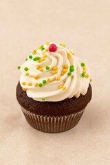 Chocolate muffin cake with light cream, close up