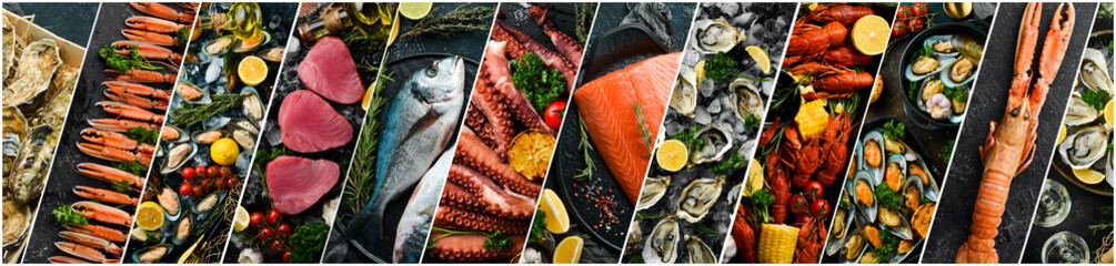 Panele Szklane  Kolaż zdjęć. Owoce morza: Świeże ryby, skorupiaki i skorupiaki na czarnym tle.