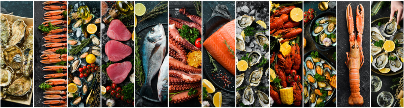Photo collage. Seafood: Fresh fish, crustaceans and shellfish on a black background.