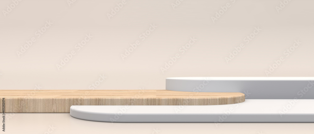 Poster minimal cosmetic background for product presentation. off white and wood texture on a cream floor ba
